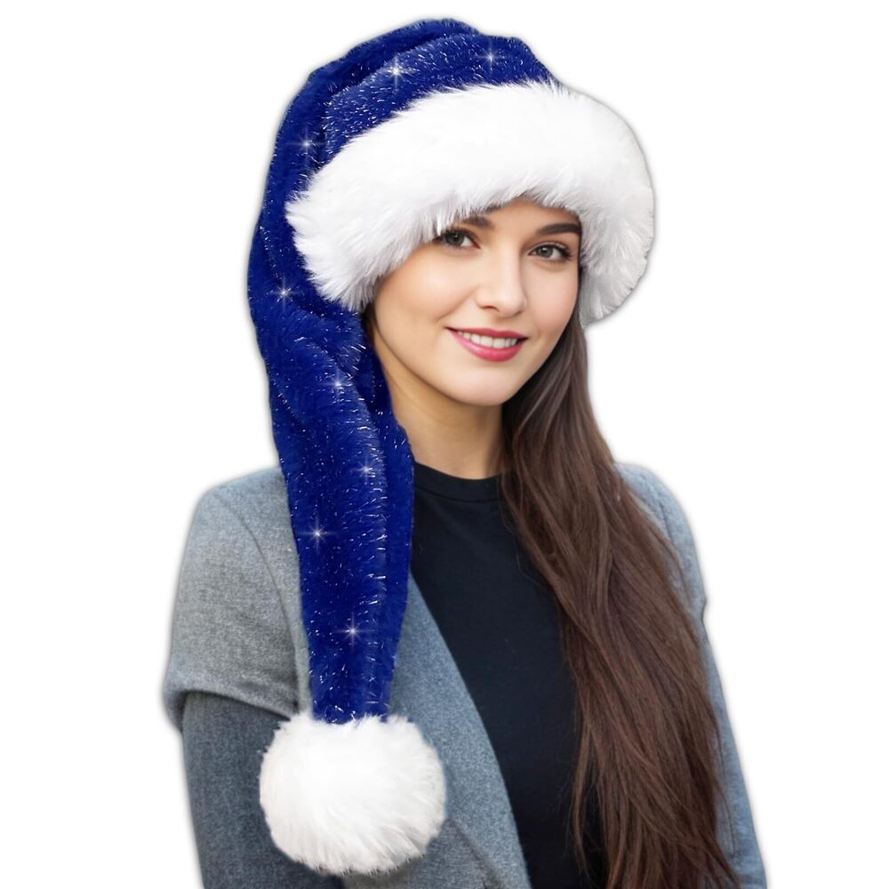 9399 Blue Sequin Long Santa Hat for Adults, Christmas Hats or , Soft Velvet